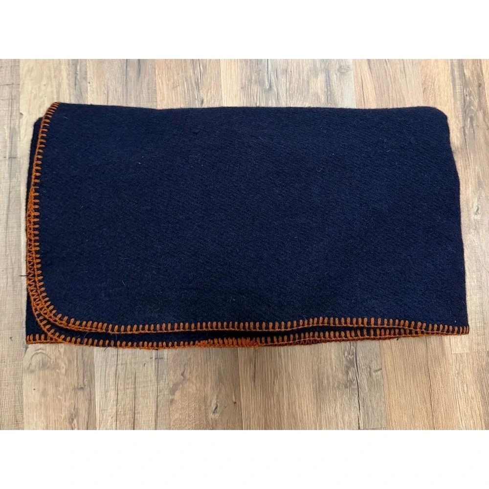 Jmr USA Wool Blend Navy Blue Blanket Orange Whip Stitch 66x82 Throw